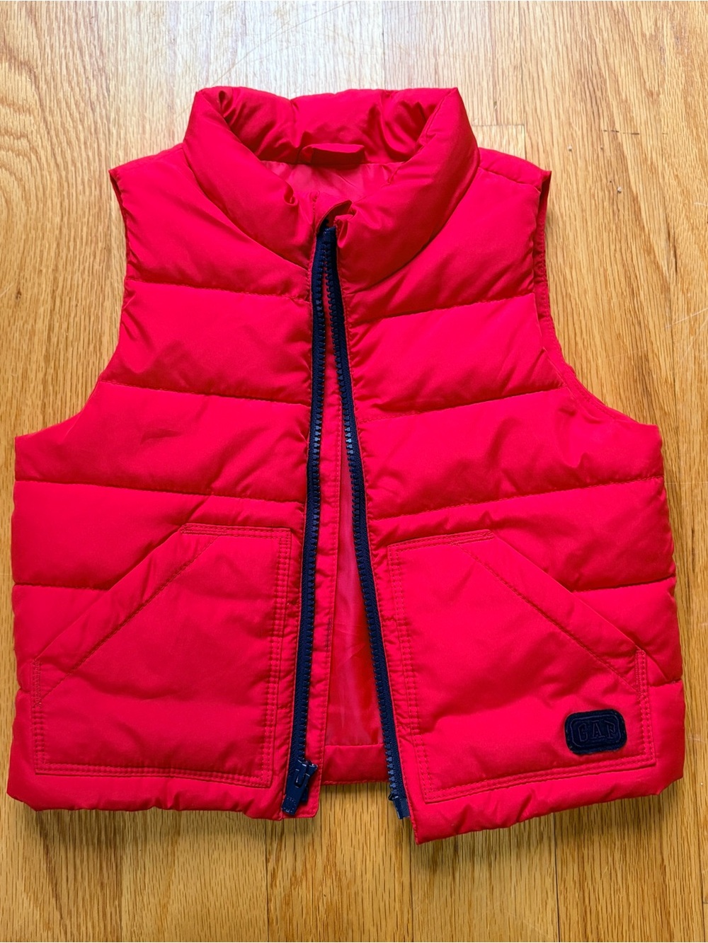 GAP Bright Red Quilted Kids Puffer Vest with Navy Trim